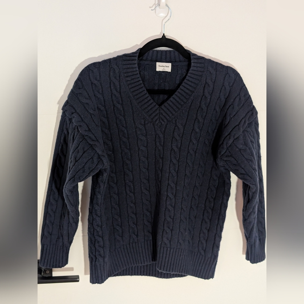 Sunday Best Navy Wool/Cotton Blend Cable Sweater XS